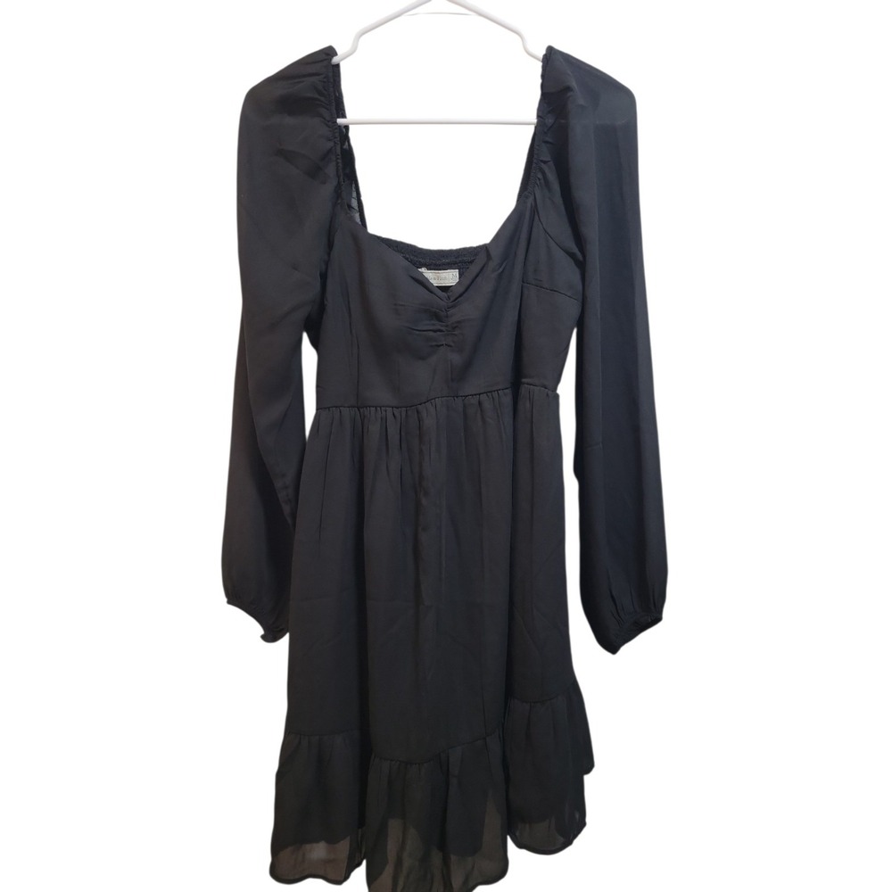 Abercrombie & Fitch Black Square Neck Smocked Puff Sleeve Ruffle Mini Dress M
